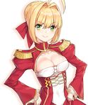  ahoge blonde_hair breasts cleavage closed_mouth epaulettes eyebrows_visible_through_hair fate/extra fate_(series) green_eyes hair_ribbon hands_on_hips medium_breasts nero_claudius_(fate) nero_claudius_(fate)_(all) red_ribbon ribbon short_hair shovelwell smile solo 