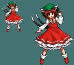  animal_ears arm_up bad_id bad_pixiv_id bangs blue_background bow bowtie brown_eyes brown_hair cat_ears cat_tail chen dress eyebrows_visible_through_hair fingernails frilled_dress frills full_body green_hat hat long_fingernails long_sleeves looking_at_viewer mob_cap multiple_tails multiple_views open_mouth pixel_art red_dress red_footwear sharp_fingernails shoes short_hair simple_background standing tail takorin touhou two_tails white_bow white_neckwear 