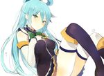  aqua_(konosuba) bangs black_blouse black_skirt blouse blue_eyes blue_hair blush closed_mouth commentary_request detached_sleeves frilled_shirt_collar frills hair_between_eyes hand_on_own_chest knees_up kono_subarashii_sekai_ni_shukufuku_wo! long_hair looking_at_viewer lpip simple_background sitting skirt solo thighhighs water_drop white_background white_legwear 