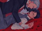  ameli-ya bad_id bad_pixiv_id black_hair blue_eyes bow bowtie chocolate dutch_angle formal glasses gloves highres katsuki_yuuri looking_at_another lying male_focus mouth_hold multiple_boys on_back red_eyes silver_hair suit tongue tongue_out viktor_nikiforov waistcoat white_gloves yaoi yuri!!!_on_ice 
