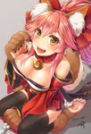  animal_ears bell bell_collar breasts cleavage collar fang fate/grand_order fate_(series) fox_ears fox_tail hair_ribbon highres japanese_clothes large_breasts long_hair looking_at_viewer looking_up open_mouth paws pink_hair ribbon sitting solo tail tamamo_(fate)_(all) tamamo_cat_(fate) thighhighs yellow_eyes yuzutosen 