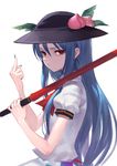  :/ ascot black_hat blue_hair blue_nails commentary_request eyebrows_visible_through_hair fkey food from_side fruit hands_up hat highres hinanawi_tenshi holding holding_weapon leaf long_hair looking_at_viewer looking_to_the_side middle_finger nail_polish over_shoulder peach puffy_short_sleeves puffy_sleeves red_eyes red_neckwear short_sleeves sidelocks simple_background solo sword_of_hisou touhou upper_body v-shaped_eyebrows weapon weapon_over_shoulder white_background wing_collar 