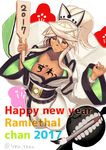  2017 alternate_costume blush body_writing breasts calligraphy_brush character_name dark_skin guilty_gear guilty_gear_xrd hagoita hanetsuki happy_new_year high_ponytail highres japanese_clothes kimono large_breasts long_hair looking_at_viewer new_year no_bra paddle paintbrush ramlethal_valentine razu_(rus) solo twitter_username weapon white_hair yellow_eyes 