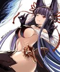  2017 animal_ears bangs bell black_hair black_legwear breasts dated erune fox_ears fox_shadow_puppet gloves granblue_fantasy hair_bell hair_ornament jingle_bell large_breasts long_hair nabeshima_tetsuhiro one_eye_closed red_eyes ribs sideboob solo white_background yuel_(granblue_fantasy) 