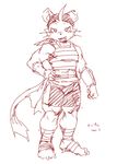  anthro athletic bandanna black_nose clothed clothing fur japanese japanese_text kuroma looking_at_viewer male mammal monochrome mouse rodent shirt shorts sketch slim smile snout solo text translation_request 