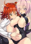  :3 akishima_kei bad_id bad_pixiv_id bare_shoulders belly breast_press breasts brown_eyes fate/grand_order fate_(series) fujimaru_ritsuka_(female) heart large_breasts mash_kyrielight multiple_girls navel purple_hair raised_eyebrows red_hair short_hair thighhighs thighs v-shaped_eyebrows yuri 