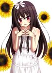  absurdres amatsutsumi bare_shoulders black_hair blush breasts dress flower hair_ribbon hairband highres long_hair looking_at_viewer medium_breasts nase open_mouth oribe_kokoro red_eyes ribbon solo steepled_fingers sundress sunflower very_long_hair white_background 