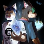  2017 anthro back_to_back blue_eyes canine card chaos_emerald clothed clothing cougar dark_background digital_media_(artwork) duo facial_hair feline fox freckles fur glowing green_eyes hair logan_mccloud looking_at_viewer magic male mammal persona pltnm06ghost randochris_(character) shirt short_hair simple_background smile sonic_(series) sonic_the_hedgehog standing t-shirt tarot_card video_games wwe 