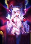  &gt;:) ankle_cuffs barefoot black_legwear blue_fire breast_hold breasts chain crossed_legs demon_girl demon_horns demon_tail demon_wings fang fang_out feet fire glowing glowing_horns guohua halterneck horns large_breasts long_hair miniskirt original pov_feet red_eyes revealing_clothes single_thighhigh skirt slit_pupils smile soles solo tail thighhighs thighlet throne v-shaped_eyebrows very_long_hair white_hair wings 