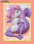  2017 anthro breasts chest_tuft digital_media_(artwork) eyelashes female fifi_la_fume fur hair hair_bow hair_ribbon looking_at_viewer mammal multicolored_fur nipples nude pink_nose pubes purple_fur purple_hair pussy ribbons simple_background skunk smile solo tiny_toon_adventures tuft vaginal warner_brothers wastedtimeee white_fur 