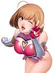  1girl ahoge bare_shoulders blush breasts brown_eyes brown_hair cameltoe cleavage cleavage_cutout female gloves happy kokonoki_nao large_breasts legs leotard looking_at_viewer open_mouth shiny shiny_skin short_hair smile solo taimanin_(series) taimanin_asagi taimanin_asagi_battle_arena v wink yoimachi_shuri 