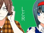  1girl bad_id bad_pixiv_id blue_hair blush brown_hair comic cover cover_page green_background hairband headphones looking_at_another lowres translated tsurezure_children wakabayashi_toshiya 