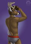  antlers athletic baxter_(kojotek) blue_eyes briefs butt cervine clothed clothing deer horn looking_at_viewer looking_back male mammal pinup pose raised_tail seductive solo tigerinspace topless underwear 