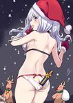 ass back backless_panties bangs bell blush bra breasts butt_crack christmas commentary_request cowboy_shot eyebrows_visible_through_hair from_behind fur-trimmed_gloves fur_trim gloves hat hips index_finger_raised long_hair looking_at_another medium_breasts mirakururu open_mouth original panties profile purple_eyes red_gloves red_ribbon reindeer ribbon sack santa_costume santa_hat sideboob silver_hair smile snow solo thighs underwear underwear_only white_bra white_panties 