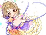  :d blue_ribbon breasts brown_eyes brown_hair cleavage commentary_request flower frilled_skirt frilled_sleeves frills gloves hair_flower hair_ornament hairband holding holding_ribbon holding_wand homua idolmaster idolmaster_cinderella_girls medium_breasts mimura_kanako open_mouth ribbon short_hair skirt smile solo wand white_gloves 