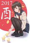  2017 bangs beads bird black_footwear black_legwear black_skirt blush braid brown_eyes brown_hair chick chinese_zodiac commentary_request eyebrows_visible_through_hair hair_beads hair_ornament highres japanese_flag kyuuso_inukami legs_together light_smile loafers looking_at_another looking_down neckerchief original outstretched_hand pantyhose pleated_skirt red_neckwear school_uniform serafuku shoes skirt smile solo squatting sweater twin_braids year_of_the_rooster 