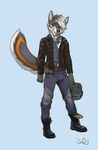  anthro canine clothed clothing fur hair julicat looking_at_viewer male mammal simple_background smile solo standing 