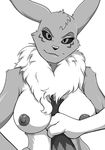  2016 alpha_channel ambiguous_gender anthro areola big_breasts black_sclera breast_fondling breasts canine digimon duo female female/ambiguous fondling fox fur hand_on_breast looking_at_viewer mammal markings monochrome nipples renamon solo_focus tuft yawg 