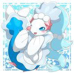  ambiguous_gender blue_eyes blue_hair blush hair happy long_hair looking_at_viewer mako_mickt nintendo one_eye_closed open_mouth pok&eacute;mon primarina smile solo video_games 
