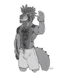  anthro clothed clothing eyes_closed julicat male monochrome muscular scalie smile solo teeth 