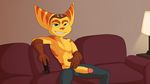  anthro athletic balls bulge circumcised clothed clothing erection front_view gloves grin holding_controller holding_object humanoid_penis jerseydevil lombax long_penis looking_at_viewer male mammal open_pants penis penis_through_fly pinup poking_out pose ratchet ratchet_and_clank reclining sofa solo spread_legs spreading topless video_games 