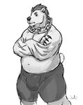  anthro bear bulge clothed clothing crossed_arms julicat male mammal monochrome overweight polar_bear scar solo standing topless 