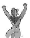  anthro butt dinosaur julicat male monochrome muscular nude open_mouth solo standing stretching yawn 
