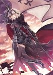  ahoge armor armored_boots armored_dress bangs black_legwear boots cape commentary_request dutch_angle fate/grand_order fate_(series) flag fur gauntlets headpiece jeanne_d'arc_(alter)_(fate) jeanne_d'arc_(fate)_(all) looking_at_viewer md5_mismatch miyakure parted_lips short_hair smile solo thighhighs white_hair yellow_eyes 