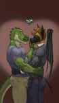  anthro beard bulge canine clothed clothing crocodile crocodilian duo facial_hair julicat male male/male mammal mistletoe muscular plant reptile scalie standing tight_clothing wings 