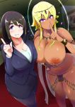  areolae black_hair black_legwear blonde_hair blue_eyes blush breast_press breasts business_suit cleavage dark_skin earrings finger_to_mouth formal grin groin hand_on_hip highres huge_breasts jewelry large_breasts long_hair looking_at_viewer multiple_girls nail_polish navel navel_piercing necklace nipple_piercing nipples original pantyhose pencil_skirt piercing plump purple_eyes purple_nails revealing_clothes shushing skirt smile standing suit symmetrical_docking thick_thighs thighs topless wide_hips yosyo 