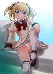  battle_girl_high_school black_footwear blonde_hair blue_eyes bow bowtie kanoe kougami_kanon looking_at_viewer panties pantyshot pantyshot_(sitting) plaid_neckwear red_bow red_neckwear school_uniform shoes sitting solo thighhighs twintails underwear white_legwear white_panties 