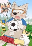  armadillo balls blue_eyes blush brown_fur canine cheetah clothed clothing eyewear feline fifa football_(disambiguation) fuleco fur glasses green_eyes green_hair hair inuwanko male male/male mammal penis surprise white_fur wolf yellow_fur zabivaka zakumi 