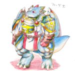  anthro armor blue_skin claws dragon horn huge_muscles japanese japanese_text kuroma male membranous_wings muscular red_eyes reptile scalie solo spikes text translation_request wings 