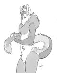  anthro crown fur hair horn julicat male monochrome nude smile solo standing unknown_species 