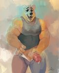  anthro balls bear big_penis bulge clothed clothing erection julicat male mammal muscular open_mouth penis precum retracted_foreskin smile solo standing thick_penis uncut unzipped 
