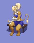  anthro bandage blonde_hair clothed clothing feline female hair headphones julicat lion mammal muscular sitting solo 