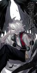  absurdres black_nails black_wings danganronpa feathers green_eyes highres japanese_clothes jewelry komaeda_nagito looking_at_viewer male_focus nail_polish pom_pom_(clothes) simple_background smile solo super_danganronpa_2 tengu unagi_(515816703) white_background white_hair wings 