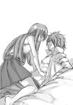  1girl barefoot couple erza_scarlet eye_contact fairy_tail girl_on_top greyscale hetero jellal_fernandes long_hair looking_at_another mashima_hiro monochrome open_clothes open_shirt original shirt sketch skirt smile 