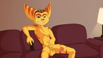  anthro athletic balls circumcised erection front_view grin holding_controller holding_object humanoid_penis jerseydevil lombax long_penis looking_at_viewer male mammal nude penis pinup pose ratchet ratchet_and_clank reclining sofa solo spread_legs spreading video_games 