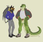  anthro balls bat bottomless canine clothed clothing crocodile crocodilian duo flaccid humanoid_penis hybrid julicat male mammal overweight penis pubes reptile scalie smile standing uncut wings 