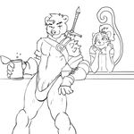  alcohol ambiguous_gender anthro barely_contained bear beverage big_penis bulge clothed clothing duo feline flaccid girly julicat looking_at_viewer male mammal melee_weapon monochrome penis scar smile sword underwear vein weapon 