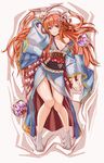  arm_up balloon bangs blue_eyes blue_kimono blush braid breasts cleavage esg_(essagna) eyebrows_visible_through_hair full_body granblue_fantasy grey_legwear hair_between_eyes hair_ornament hair_rings highres japanese_clothes kimono kimono_pull large_breasts lecia_(granblue_fantasy) long_hair looking_at_viewer lying no_bra obi on_back orange_hair parted_lips sash smile socks solo teeth 