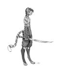  anthro feline fur hair julicat male mammal melee_weapon monochrome simple_background solo standing sword weapon white_background 