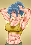  abs adjusting_hair armpits arms_up blue_eyes blue_hair breasts covered_nipples dynamite-kit eyebrows_visible_through_hair large_breasts leona_heidern long_hair midriff muscle muscular_female navel nose ponytail solo sports_bra sweat the_king_of_fighters the_king_of_fighters_xiv upper_body 