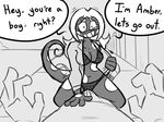  amber_(scalie_schoolie) amphibian anthro blush breasts bulge cleavage clothed clothing dialogue english_text faceless_male female first_person_view greyscale grin hair male monochrome salamander scalie_schoolie speech_bubble sweat talking_to_viewer text tooneyd underwear undressing 