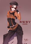  beret brown_eyes brown_hair coco_adel corset gloves gradient gradient_background hat rwby scarf short_hair solo sunglasses sweater zyl 