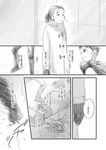  1girl brother_and_sister check_translation coat comic dorocoko gloves greyscale ice_skates katsuki_mari katsuki_yuuri monochrome ponytail scarf siblings skates skating translation_request younger yuri!!!_on_ice 