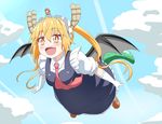  :d blonde_hair blush cloud day dragon_girl dragon_tail flying giantess gloves hair_between_eyes horns kobayashi-san_chi_no_maidragon kobayashi_(maidragon) maid maid_headdress multiple_girls necktie open_mouth red_eyes red_hair sky slit_pupils smile tail tooru_(maidragon) trg-_(sain) twintails white_gloves 