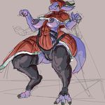  2017 abs anthro big_breasts breasts camel_toe claws clothed clothing daorce female green_horn horn kobold legwear looking_at_viewer partially_clothed purple_skin sketch solo thick_thighs toe_claws underwear voluptuous wide_hips 