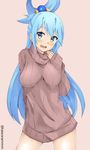  aqua_(konosuba) arm_behind_back banned_artist blue_eyes blue_hair breasts cowboy_shot kono_subarashii_sekai_ni_shukufuku_wo! long_hair looking_at_viewer medium_breasts open_mouth simple_background smile solo sweater tasora turtleneck turtleneck_sweater twitter_username 